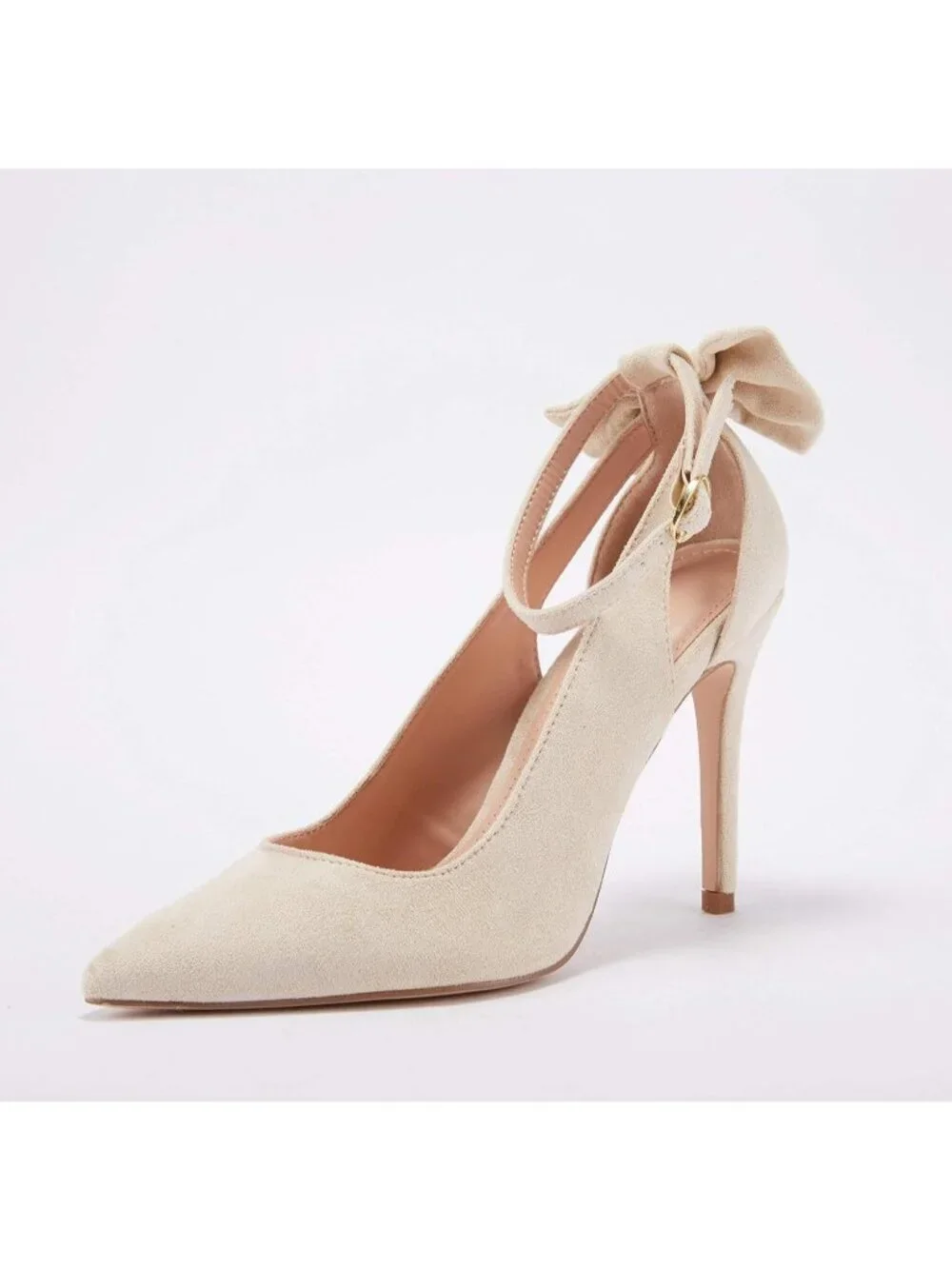 Women's Beige Pointed Toe High Heels Ankle Strap Sexy Bowtie Back Dress Sandals
